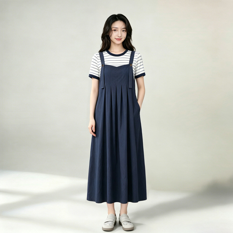 Plus-Size Maternity Summer Dress, Faux Two-Piece Suspender Dress, Oversized Loose Striped Patchwork Navy Blue Long Dress, Suitable for Late Pregnancy Plus-Size Maternity Summer Dress, Faux Two-Piece Suspender Dress, Oversized Loose Striped Patchwork Navy Blue Long Dress, Suitable for Late Pregnancy