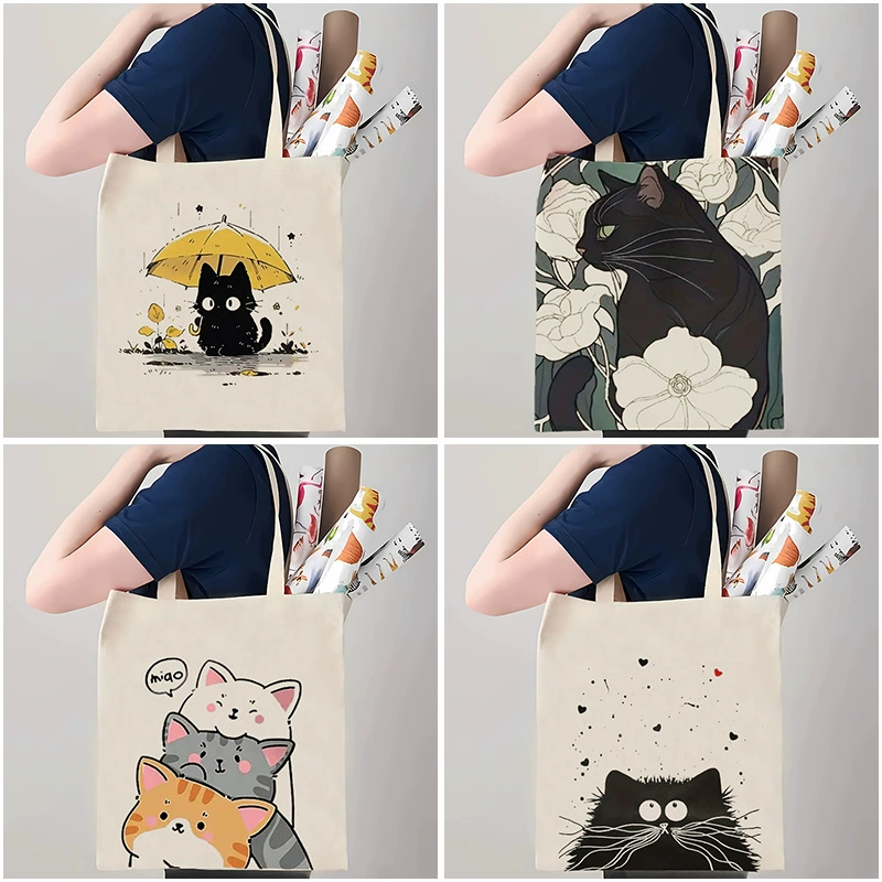 Сумка-тоут из холщовой ткани с милым принтом кота Amazon Temu, хит продаж, складная, портативная, на заказ