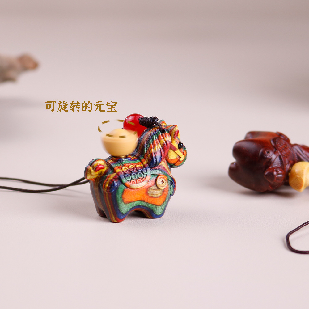 Rainbow Wooden Horse Phone Chain Pendant Cute Peach Wood Green Sandalwood Keychain Tang Horse Bag Charm Year of the Horse Gift
