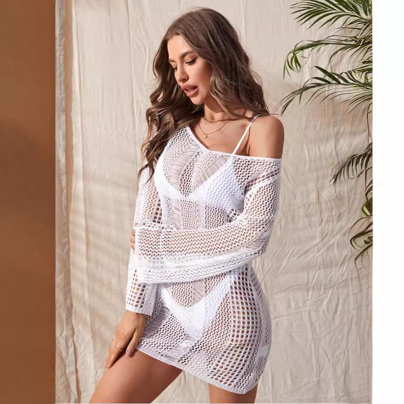 Amazon Loose Beach Hollow-out Ripped Backless Strap Long-sleeved Hip Bag Holiday Anti-sunscreen Women's Knitted Blouse