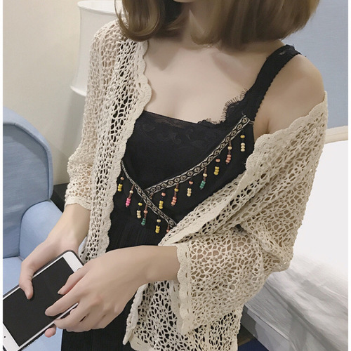 Lace air-conditioned coat, openwork sun-protective cardigan, women's summer pairing with camisole dress, long-sleeved shawl, small bolo tie, thin