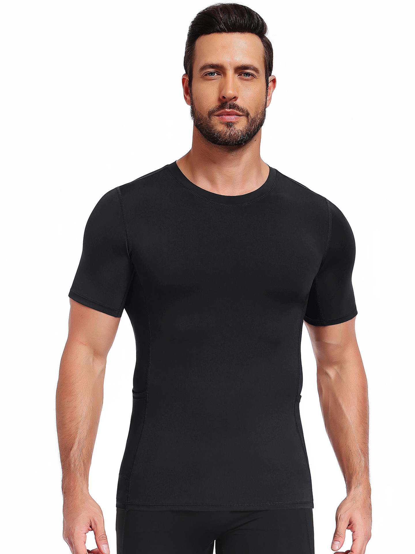 Camiseta de cuello redondo para hombre de doble bolsillo lateral de alta elasticidad y velocidad de secado transpirable camiseta de base deportiva de color sólido, delgada, manga corta image 6