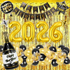 热销2026新年黑金字母气球套装新年拉旗金色门帘新年派对装饰用品