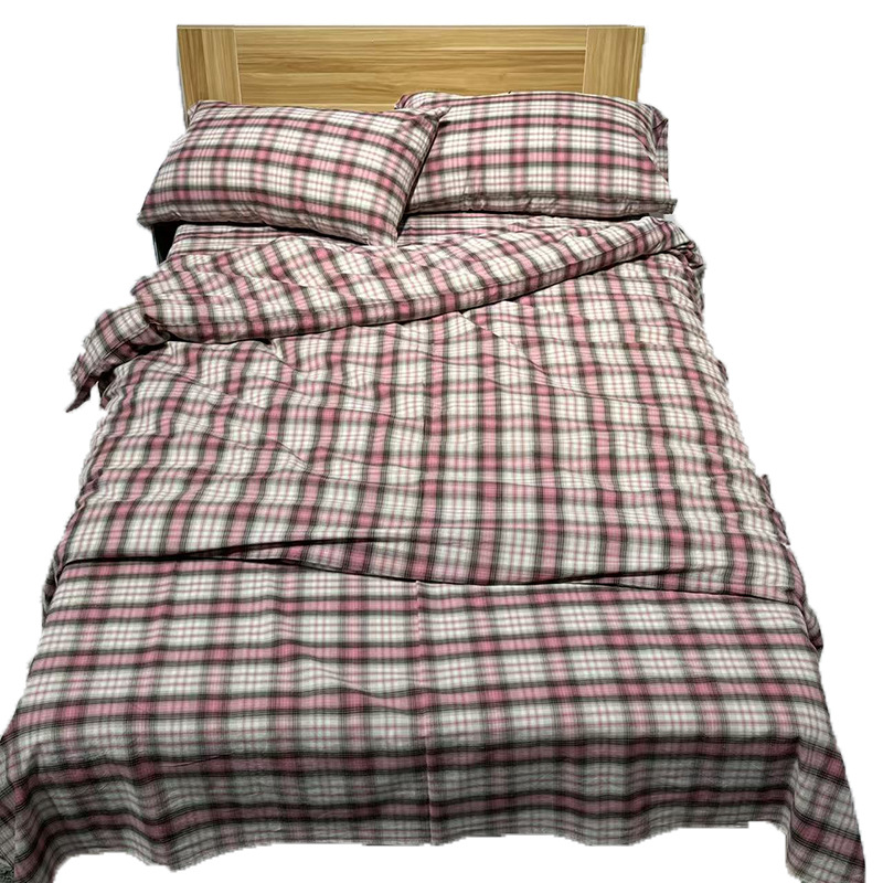 Pink Plaid Pure Cotton Bed Sheet Set For Comfortable Bedding_voghion.com