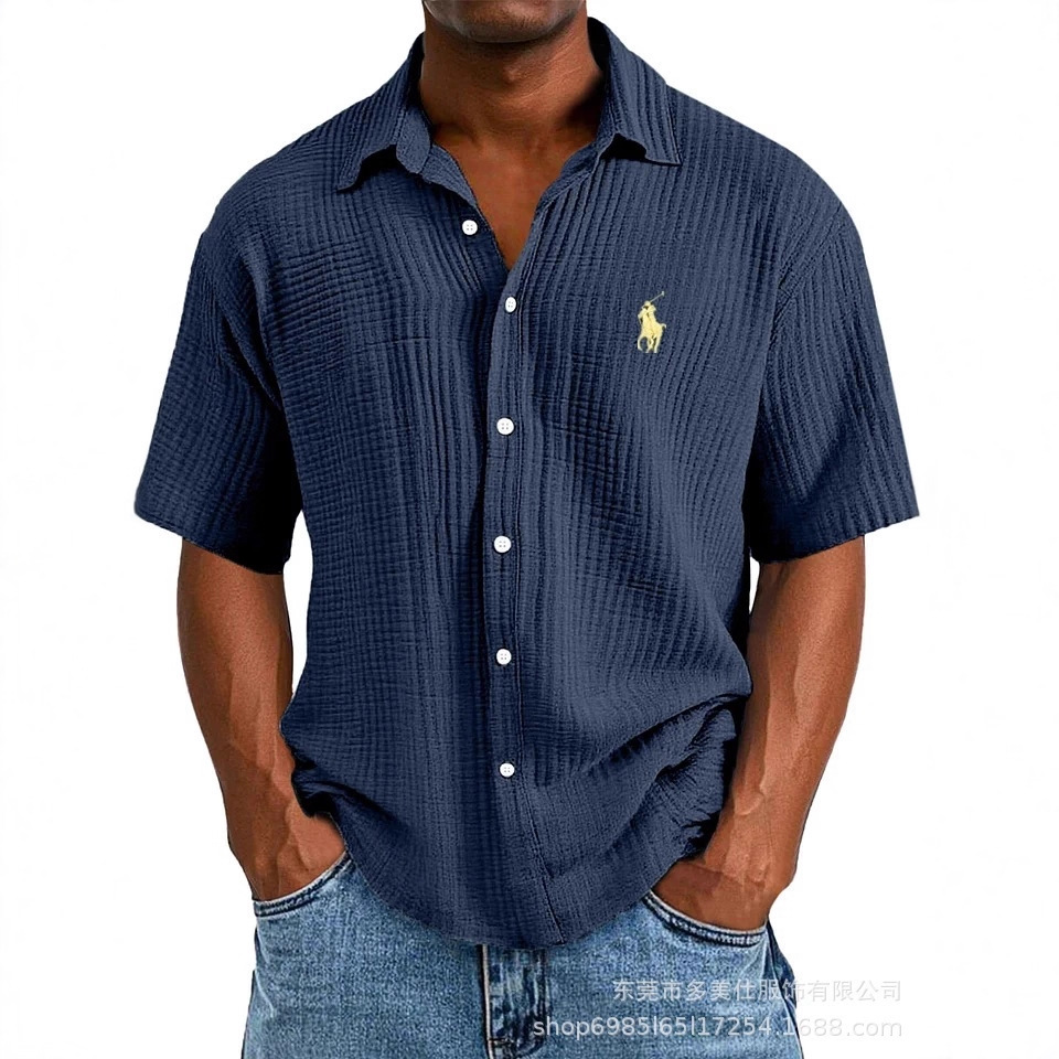 tiktok temu2025新款跨境大码绣花衬衫 男士宽松纯棉短袖翻领衬衫