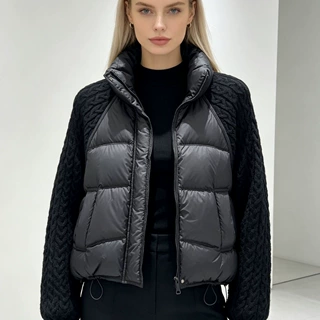2026冬季新款韩版立领针织袖羽绒服女短款加厚保暖拼接时尚潮外套