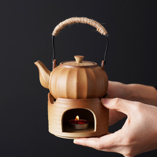 Pumpkin-Shaped Stoneware Teapot with Handle, Single Pot Candle Warmer Tea Stove Base for Home Use, Small Stove for Brewing Tea