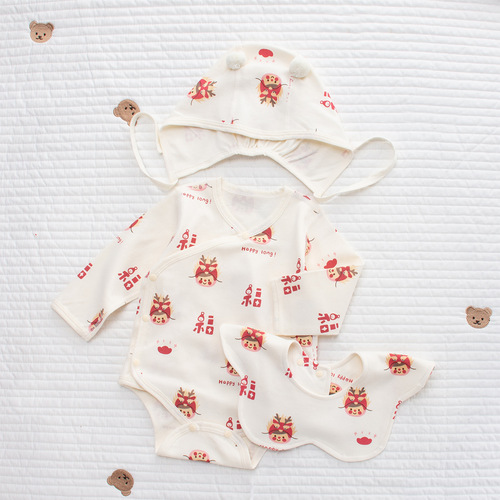 Newborn Baby Spring Pure Cotton Pajama Set Nordic INS Style Acorn Full Cotton Triangular Top Bodysuit Infant Boneless Climbing Suit
