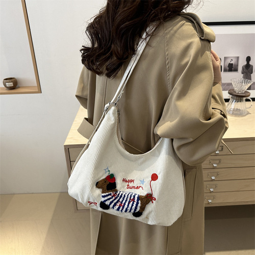 Large Capacity Embroidered Sausage Dog Foldable Backpack 2024 New Trend Striped Canvas Single Shoulder Crossbody Tote Bag