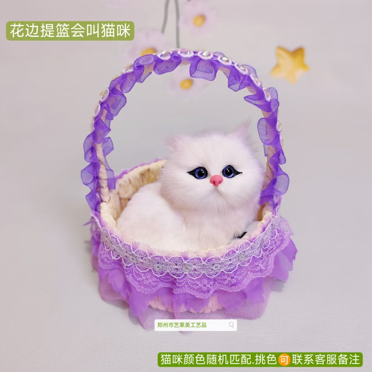 보라색 스팽글 레이스 바구니 고양이는 짖을 수 있습니다