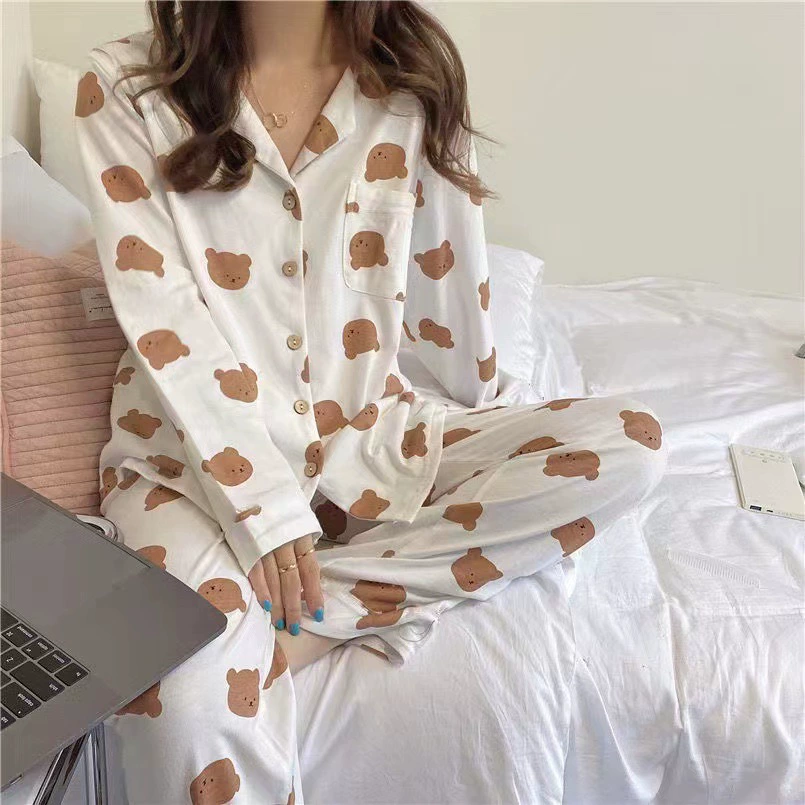 Long‑sleeve pajama cardigan, women’s cartoon print loungewear, relaxed fit, sizes M–XXL
