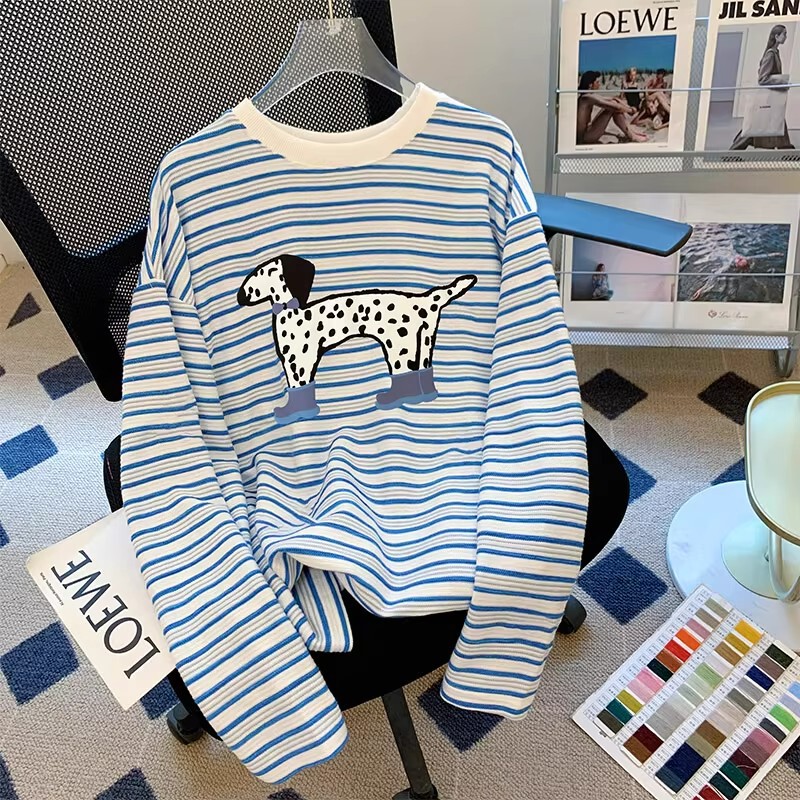 Blue Striped Long-Sleeve T-Shirt for Women, Spring and Autumn 2026 New American Retro Casual Base Shirt Top