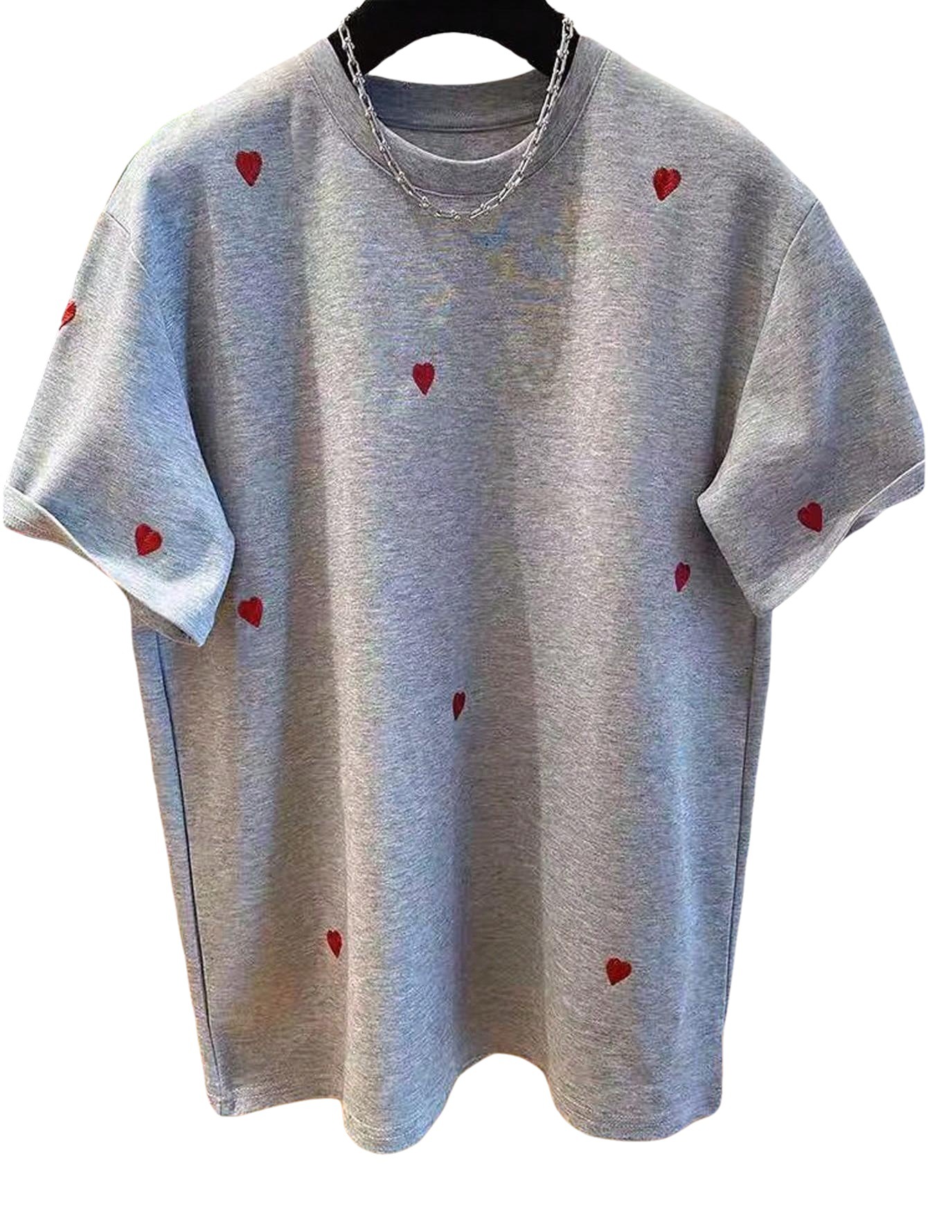Women's Heart Embroidered T-Shirt Short Sleeved 3D Loose Fit European American Style Summer Top_ecoleips.com
