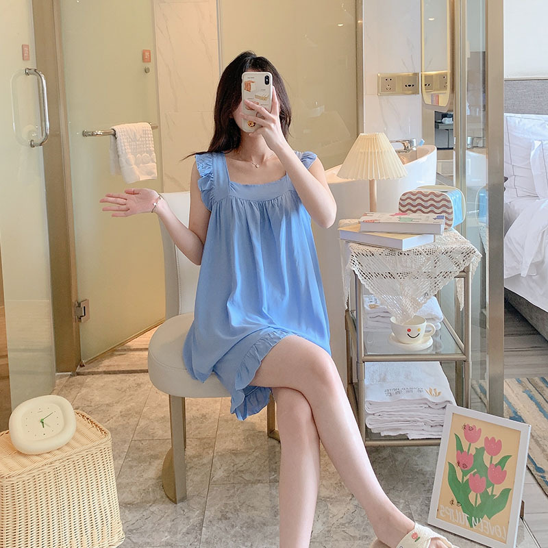 Bộ đồ ngủ bằng lụa cotton cho nữ mùa hè mới ngọt ngào in hình có thể mặc bên ngoài quần short học sinh phù hợp với bộ đồ mỏng không tay cotton lụa quần áo mặc ở nhà