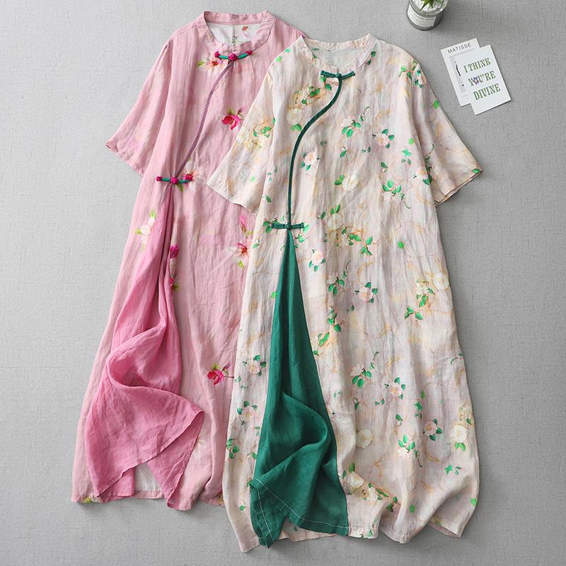 Summer Cotton and Linen Floral Dress 2026 New Style Plus Size Tummy-Concealing Slimming Improved Cheongsam Long Dress for Export