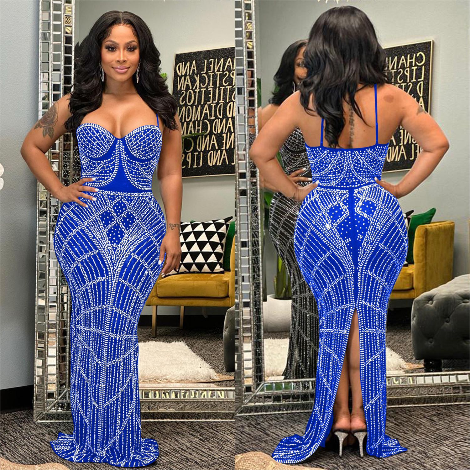 C6201 AliExpress Amazon moda europea y americana de las mujeres color sólido rhinestone malla sin mangas Correa hombro vestido image 3
