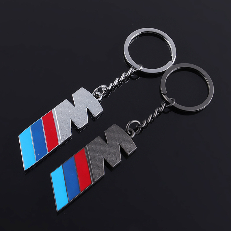 双面碳纤维纹M三色运动标汽车改装标志车标金属钥匙扣圈链环挂件