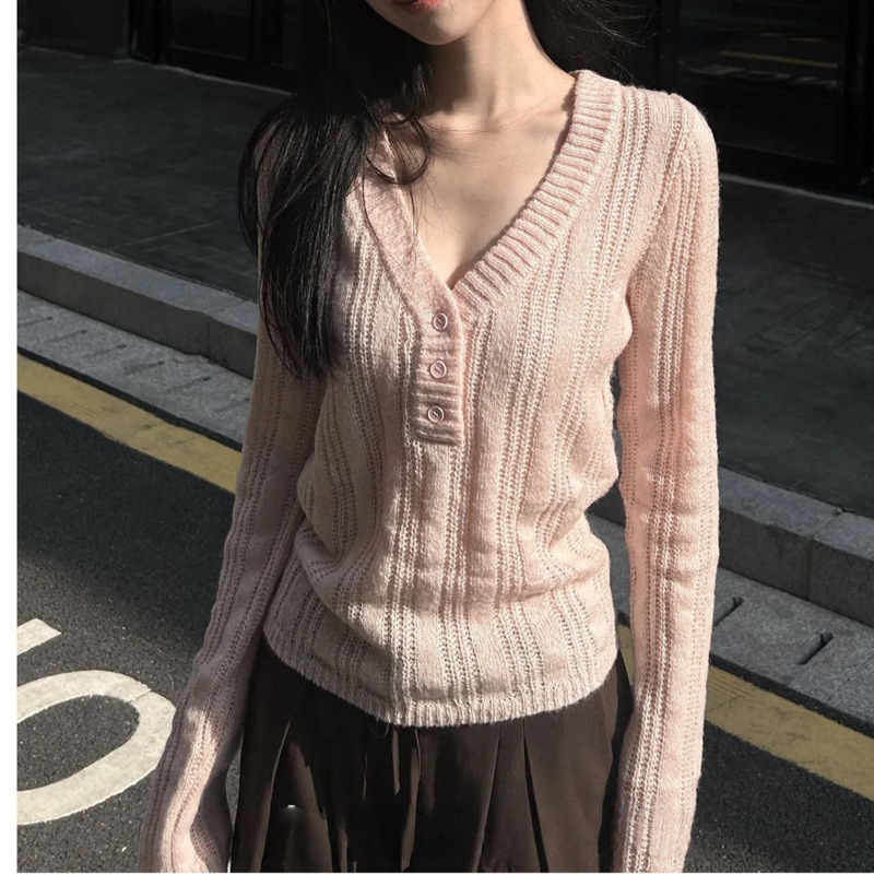 春秋新款韩系V领打底衫套头毛衣女设计感修身显瘦百搭上衣针织衫|undefined