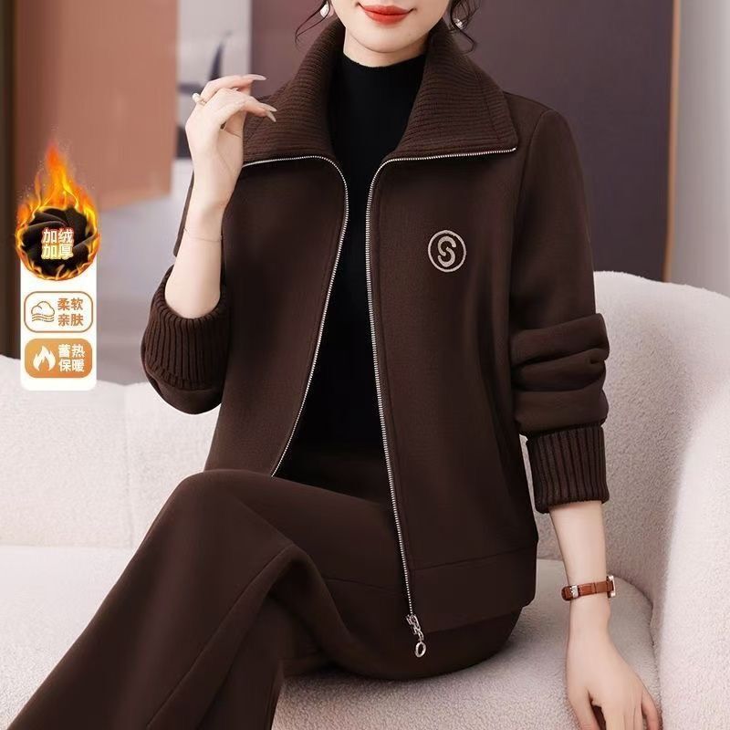 中年妈妈装外套2025新款秋冬中老年女装运动服套装加绒加厚两件套|undefined