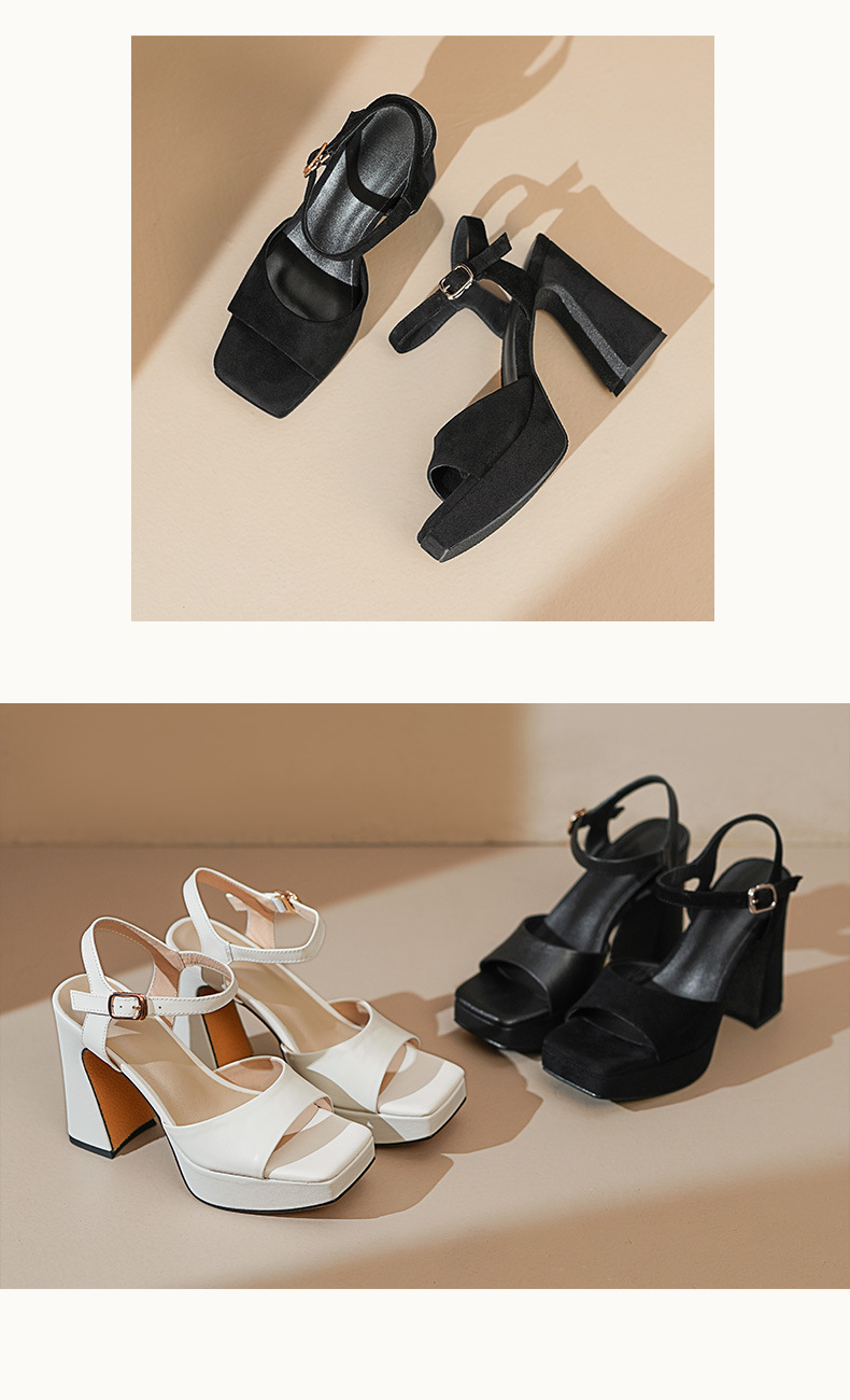 Sandal cao gót nữ hở mũi quai ngang khóa, gót 10.5 cm — Da bò trắng gạo chi tiết 5