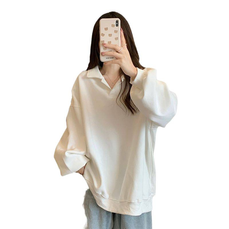 大码女士美式宽松长袖翻领卫衣女秋冬胖mm300斤oversize显瘦上衣|undefined
