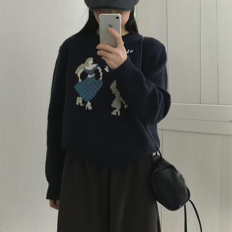 韩版早秋穿搭慵懒风氛围感提花针织衫套头毛衣女秋冬宽松上衣女潮|undefined