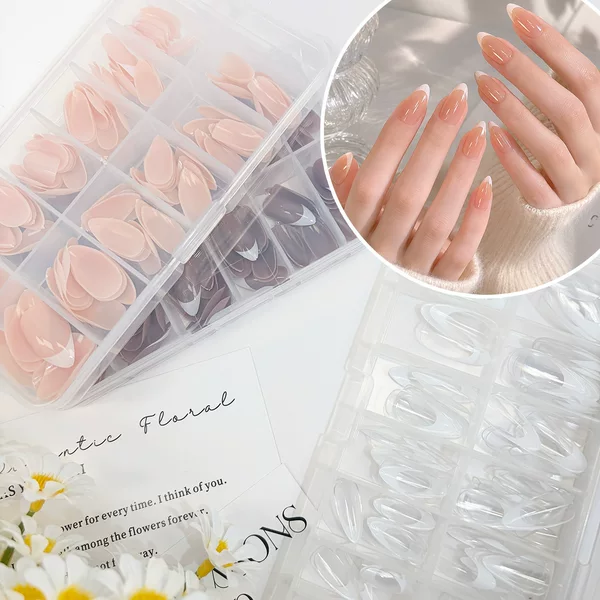 120 Pieces of Wearable Nails, French Style Simple White Edge Nail Pieces, Almond-Shaped Short Fake Nails, Finished European and American Style Manicure