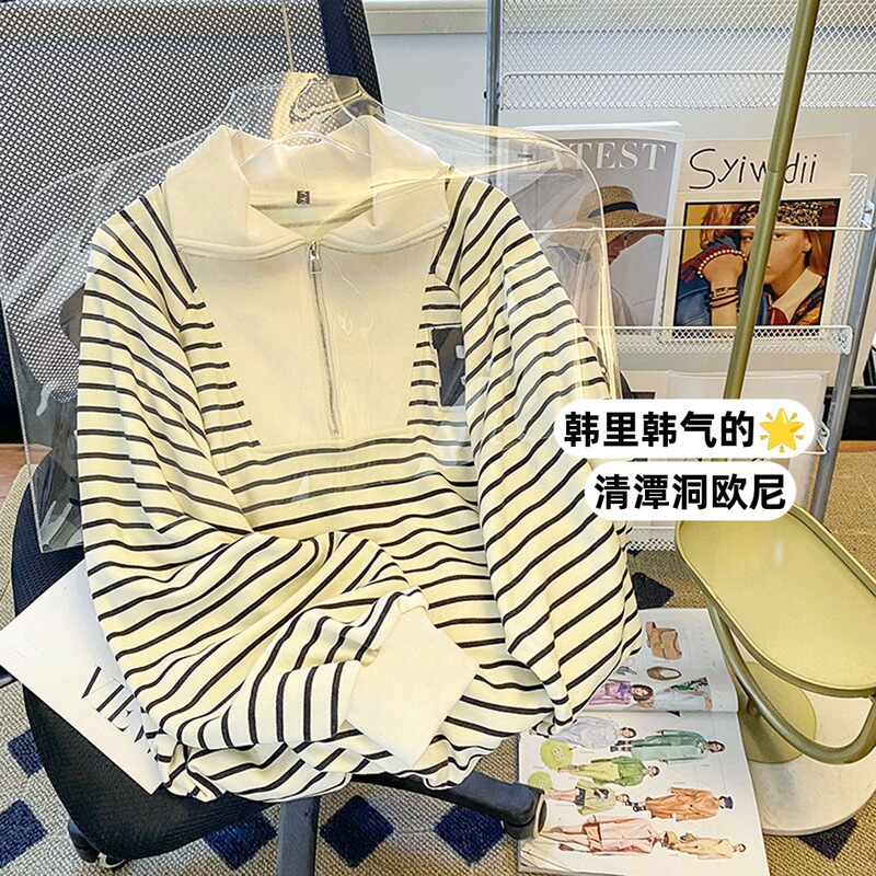 TikTok for European and American High Street Striped polo Vertical Collar Sweater Women's Spring and Autumn Loose Harajuku Style Zipper Jacket Top