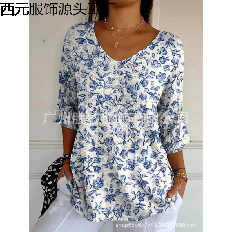 2025 European and American Cross-Border Export New Fashion Casual V Neck 3D Printed Geometric Pattern Five-Quarter Sleeve T-Shirt Tops for Women