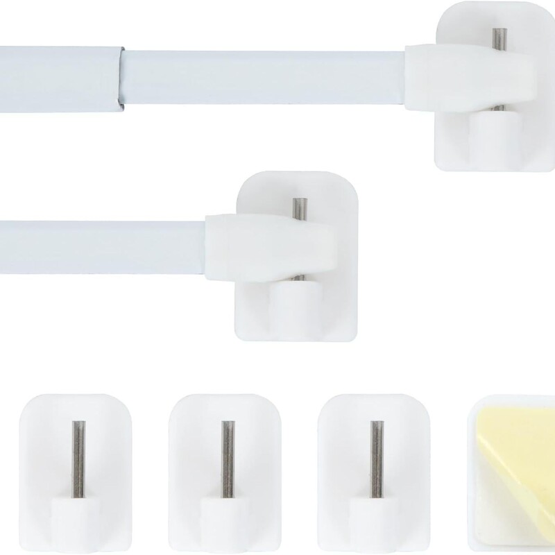 2-Piece Set of Drill-Free Telescopic Curtain Rod Set with 4 Hooks, Suitable for Store Cabinets, Windows, Kitchen DIY Projects