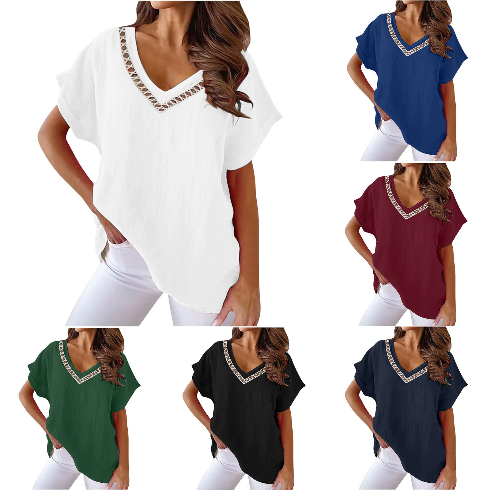 Европейская и американская трансграничная Amazon Wish внешняя торговля женская мода V-образный вырез с полыми рукавами хлопчатобумажный топ женская одежда