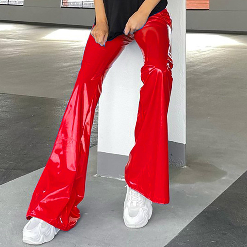 European and American Autum New Pure Color Glossy Mirror Pu Leather High Waist Hip Long Leather Pants Elastic Wide Leg Flared Pants for Women