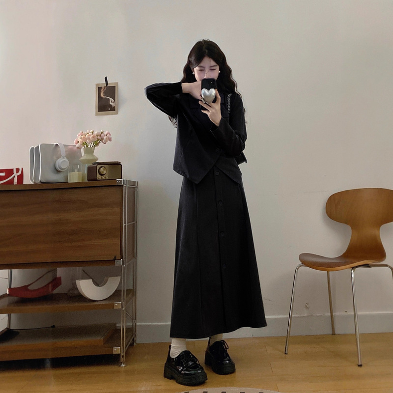 大码女装气质长袖西装上衣高腰半身裙新款秋季显瘦通勤两件套套装|undefined