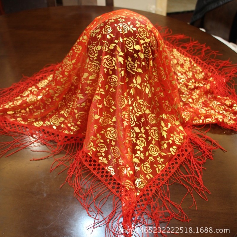 批发结婚用品中式婚礼新娘红盖头披肩烫金头巾流苏喜帕