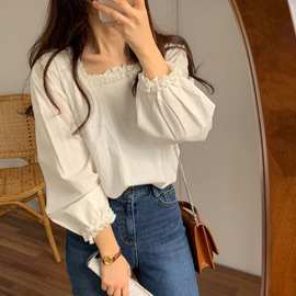 现货 韩国chic风秋季新款蕾丝拼接性感方领蓬蓬袖长袖甜美衬衫