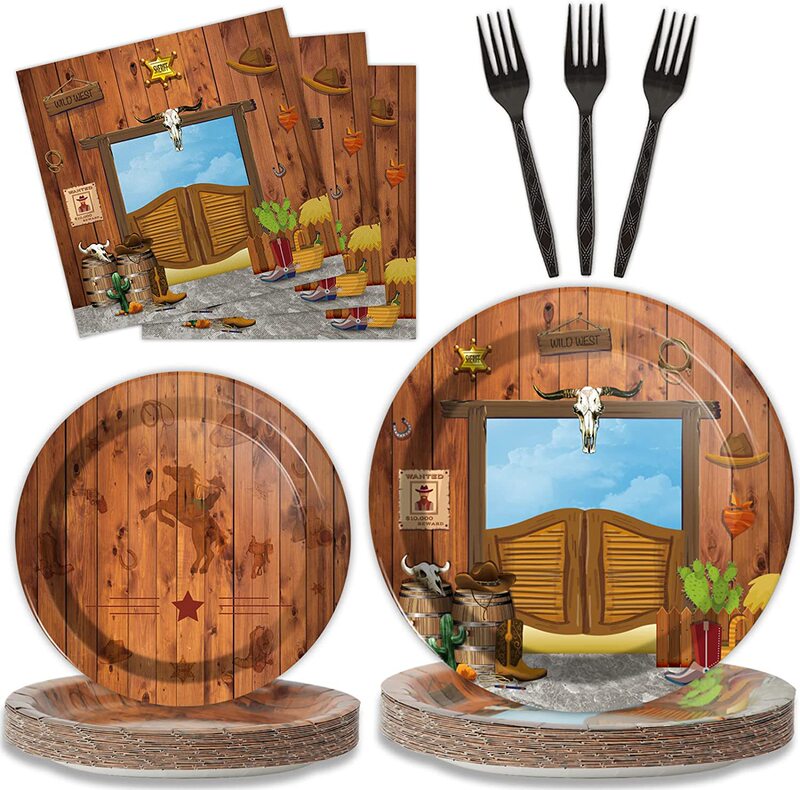 Vintage Farmhouse Wood Grain Party Tableware Country Wooden Paper Plate Tissue Paper Cup Birthday Set Disposable Decorations