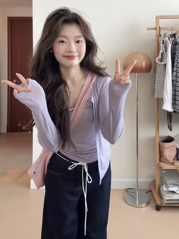 韩系纯欲辣妹紫色开衫长袖t恤女早秋季学院风叠穿吊带背心两件套|undefined