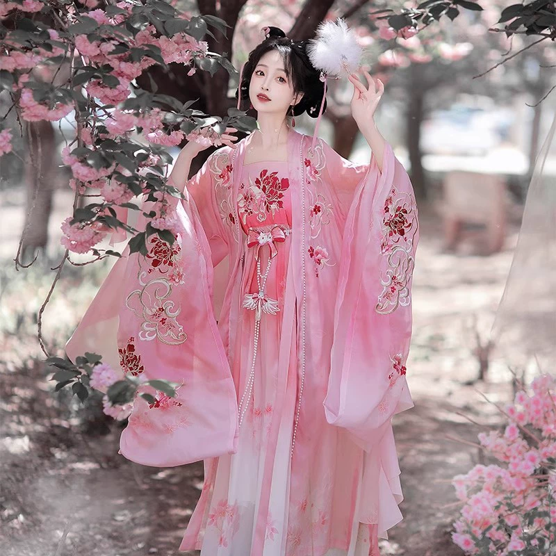 Оригинальная юбка Husk Hanfu для женщин, новинка 2025 года, лето, тяжелая вышивка, большой рукав, улучшенный сказочный стиль, древний костюм династии Тан, розовый.