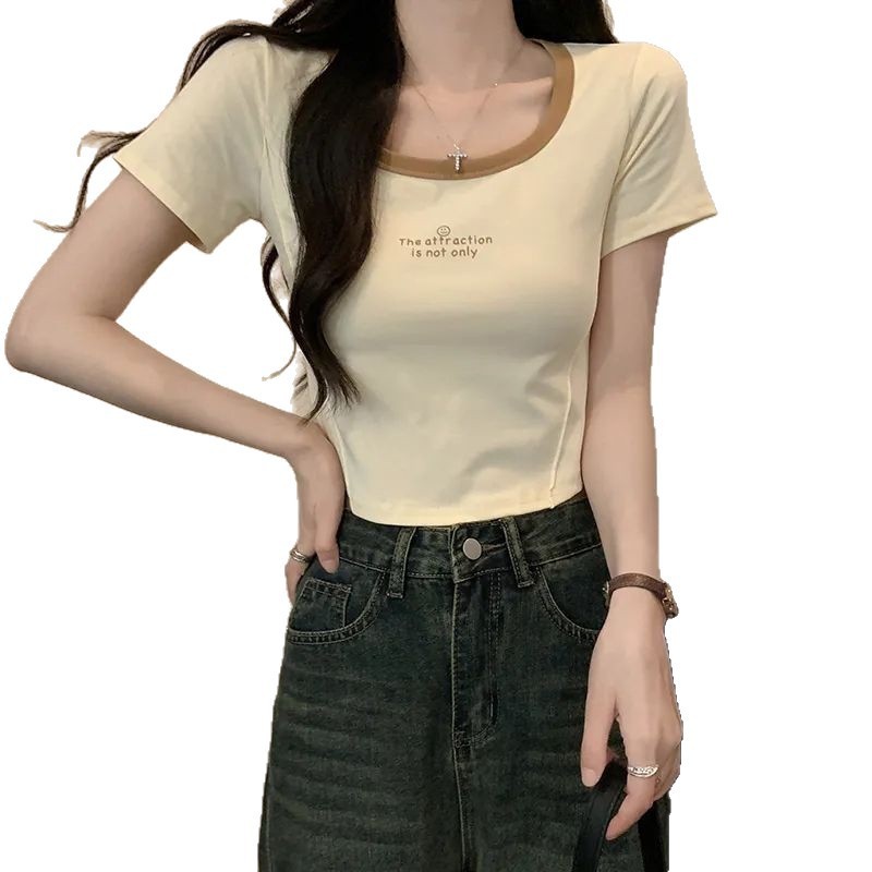 スレッドショルダースクエアカラー半袖Tシャツ女性用インカラーブロックピュアディザイアホットガールスリム痩身鎖骨ショートフィッシュボーントップ|undefined