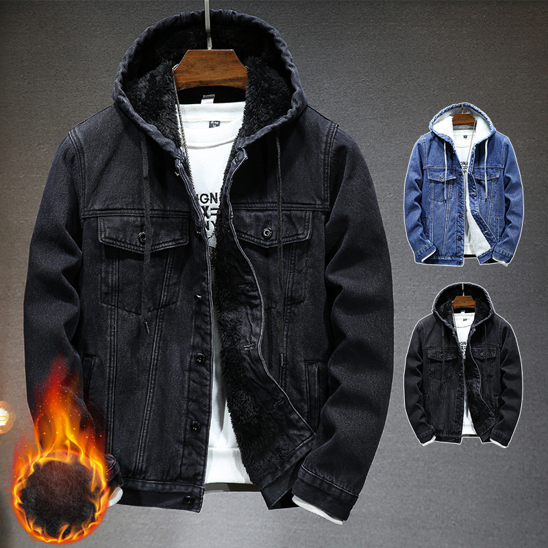 New Thickeneded Warm Men's Jacket Winter Imitation Cashmere One-Piece Hooded Plus Velvet Denim Jacket for Young Men