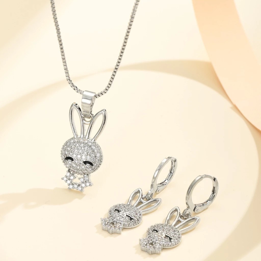 Amazon E-commerce moda dibujos animados conejo colgante diseño ligero lujo completo aretes de zircón conjunto de pendientes