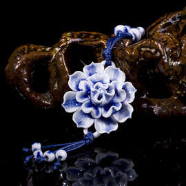 古典陶瓷青花瓷牡丹花朵项链女文艺复古民族风百搭长款毛衣链配饰