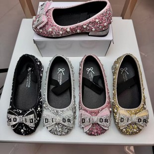 Spring and Summer 2024 New Korean Style Girls' Princess Shoes Square Mouth Shoes Rhinestone Bow Shoes Leather Shoes Performance Dance Shoes