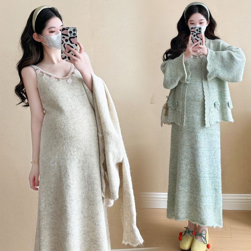 孕妇秋装连衣裙套装大码时尚潮妈新款开衫长裙两件套|undefined