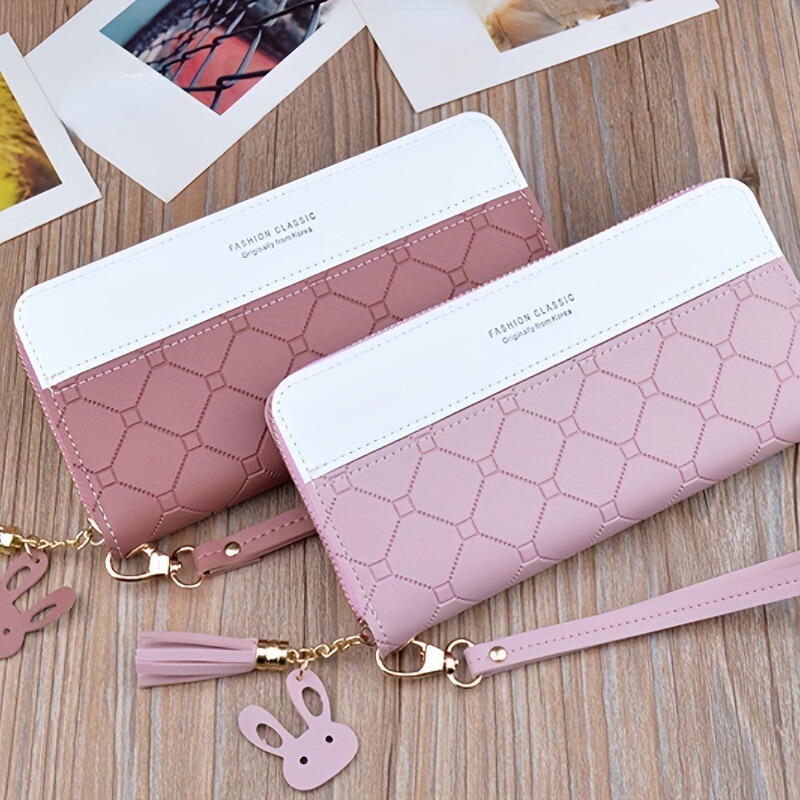 New Cross-Border Clutch Bag, Women's Long Wallet, Japanese and Korean Style Zipper Tassel Card Holder, Patchwork Embossed Large Capacity