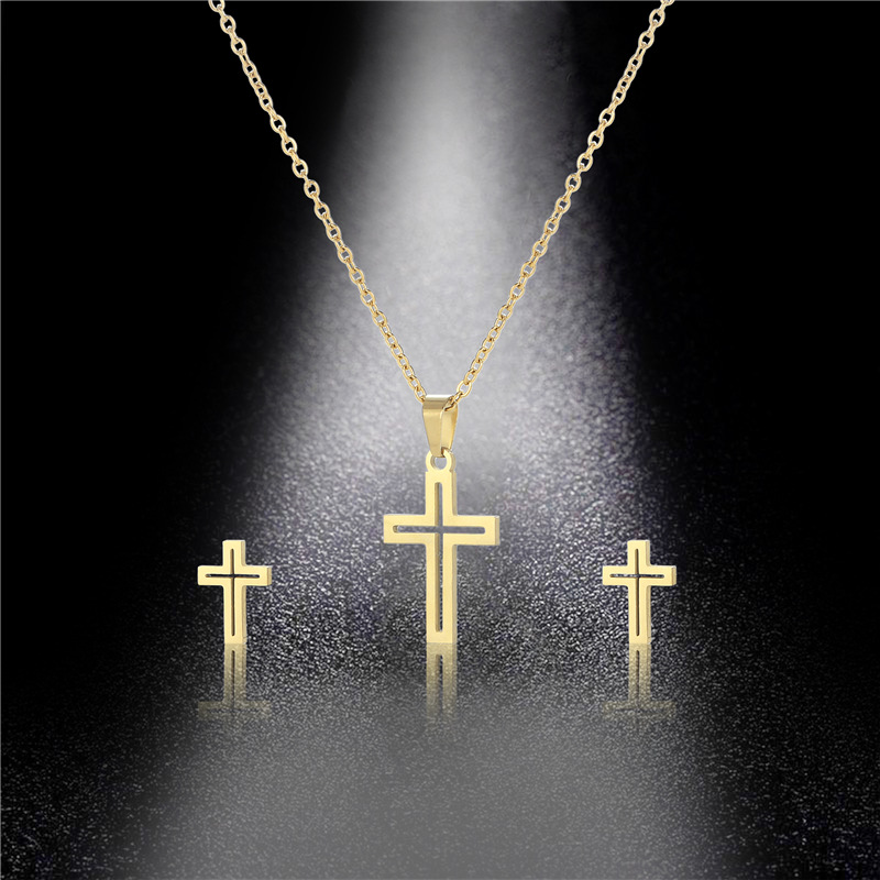 Simple Hollow Glossy Stainless Steel Cross Necklace Earrings Set Wholesale Nihaojewelry display picture 4