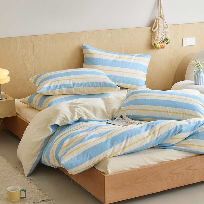 Nordic French Vintage Boho Double-layer All-cotton Four-piece Set, Pure Cotton Striped Simple High-end Bedding, Three-layer Gauze Bed Sheet And_voghion.com