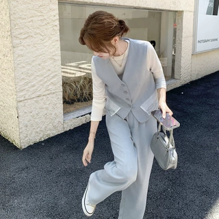 蓝色休闲时尚三件套女士2025秋季新款气质蕾丝马甲短袖阔腿裤套装