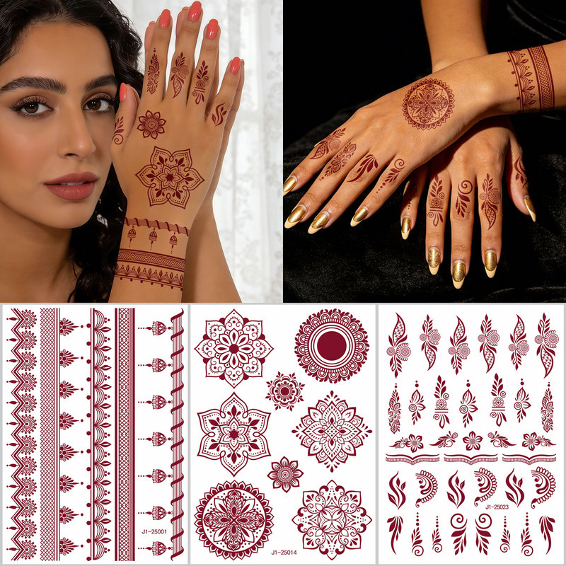 Cross-Border Popular Red-Brown Henna Tattoo Stickers Mandala Lace Hand Back Stickers Wedding Party Waterproof Temporary Tattoo Stickers Cross-Border Popular Red-Brown Henna Tattoo Stickers Mandala Lace Hand Back Stickers Wedding Party Waterproof Temporary Tattoo Stickers
