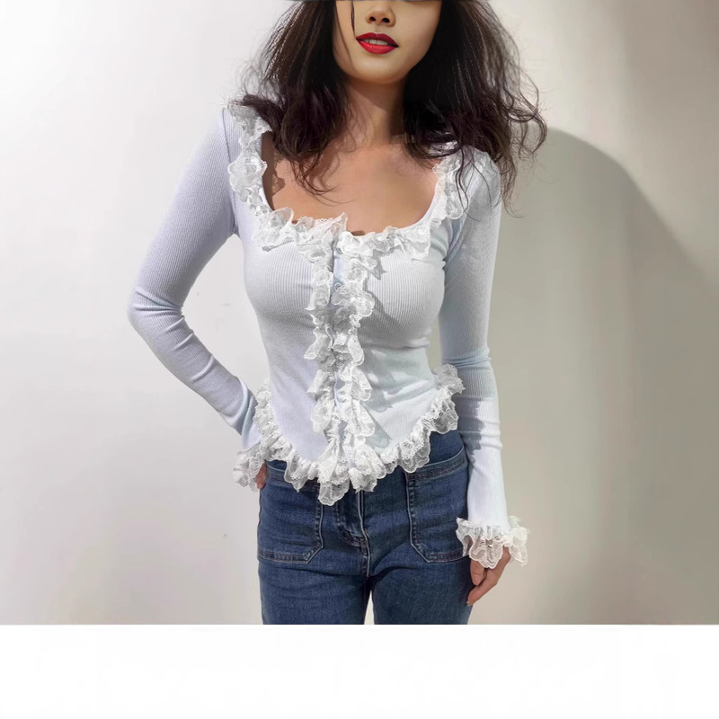 Pure U-Neck Sanding Lace Stitching Horn Sleeve Knitted Sweater Women's Autumn Slim-Fit Slimming Inner Base Top